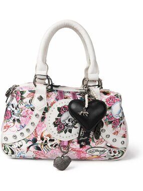 Tattoo Print Satchel Handbag with Crossbody Strap, Skull & Rose Graphic, 10x7x4